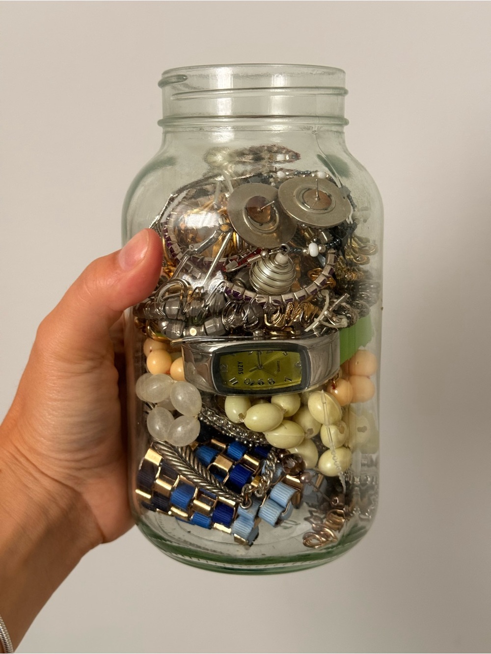 Large Mystery Jewelry & Watch Jar — Silver, Gold, Blue, Cream